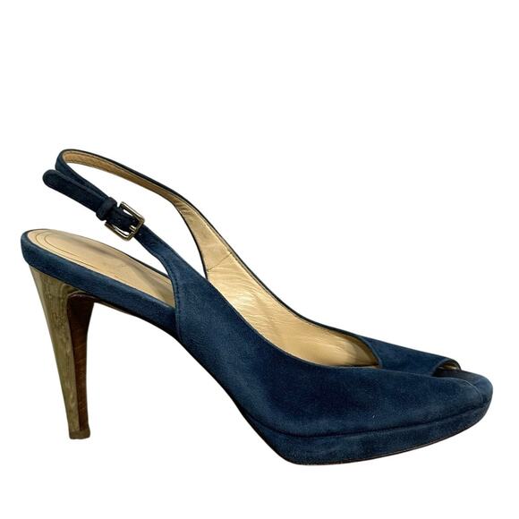 COLE HAAN Women's Open Toe High Heel Pump Size 7B In Blue Suede - Picture 1 of 7
